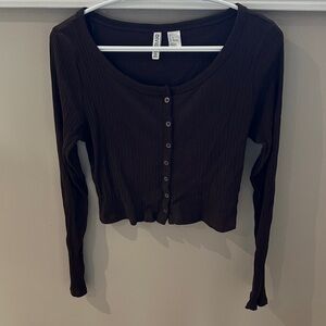 Divided Dark Brown Ribbed Button-Down Top